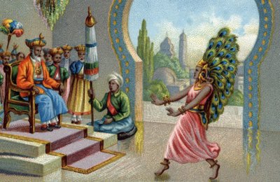 मोर के पंखों से सजी हिंदू नर्तकी: निवासी मोर पंख से खुद को सजाते हैं या घटनाएँ बनाते हैं। 19वीं सदी की क्रोमोलिथोग्राफी द्वारा अज्ञात कलाकार