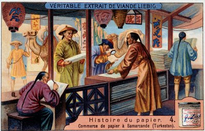 कागज का इतिहास। 4. समरकंद (= समरकंद) (तुर्किस्तान) में कागजी व्यापार। लिबिग क्रोमोलिथोग्राफी द्वारा अज्ञात कलाकार