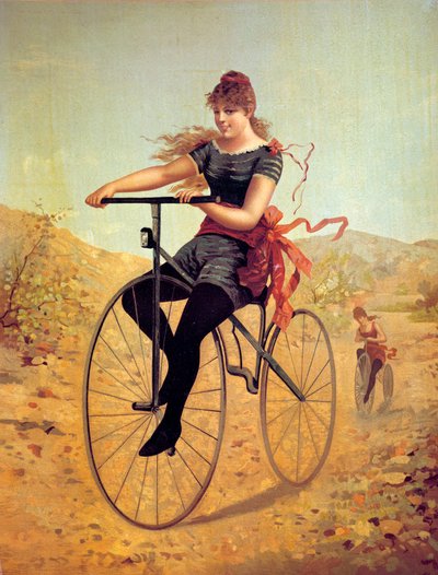 साइकिल का इतिहास: velocipedist या बाइक पर एक महिला पेडल। 19वीं सदी के प्रिंट द्वारा अज्ञात कलाकार