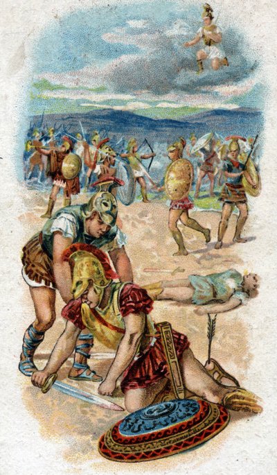 अकिलीज़ के जीवन का इतिहास, ट्रोजन युद्ध के महान नायक: अकिलीज़ की मृत्यु, ट्रॉय की दीवारों के नीचे, एड़ी, उसका कमजोर बिंदु, पेरिस द्वारा खींचे गए एक तीर को छेदता है। 1890 की क्रोमोलिथोग्राफी। द्वारा अज्ञात कलाकार