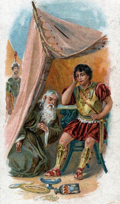 अकिलीज़ के जीवन का इतिहास, ट्रोजन युद्ध के महान नायक: बूढ़े बुद्धिमान नेस्टर ने पैट्रोकल्स, एच्लीस के दोस्त को ट्रॉय शहर से लड़ने के लिए उसके स्थान पर लेने के लिए मना लिया। 1890 की क्रोमोलिथोग्राफी। द्वारा अज्ञात कलाकार