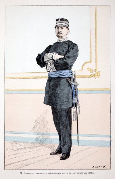 मानद, नगर पुलिस के मंडल निरीक्षक (1884)। रंगों में नक़्क़ाशी, चित्रण के लिए "" हिस्टोइरे डू कॉर्प्स डेस गार्डियन्स डे ला पैक्स "" "पुस्तक, लुई लेपिन (1846-1933) के तत्वावधान में प्रकाशित हुई, जो कि सीन की पुलिस का प्रीफेक्ट है, अल् द्वारा अज्ञात कलाकार
