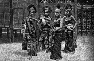 मानव चिड़ियाघर: 1889 की विश्व प्रदर्शनी में काम्पोंग में जावानीस नर्तक। (श्री लेवी की एक तस्वीर से)। "" ले जर्नल डे ला जेनेसे "" में उत्कीर्णन द्वारा अज्ञात कलाकार