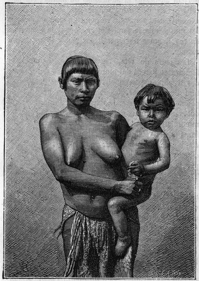मानव चिड़ियाघर: पेरिस में जार्डिन डी'एक्लीमेटेशन में युवा गलीबी महिला (अमेरीडियन लोग) और उसका बच्चा 19 अगस्त 1882 के "" प्रकृति: विज्ञान और कला और उद्योग के लिए उनके अनुप्रयोगों की समीक्षा "" में उत्कीर्णन। द्वारा अज्ञात कलाकार