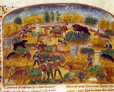 क्विंटस कर्टियस रूफस (क्विंट कर्स) (पहली शताब्दी), 1468 के बारे में "अलेक्जेंडर द ग्रेट के तथ्यों की पुस्तक" से लिया गया शिकार दृश्य लघु। (सुश्री 1335) रिम्स। नगर पुस्तकालय द्वारा अज्ञात कलाकार