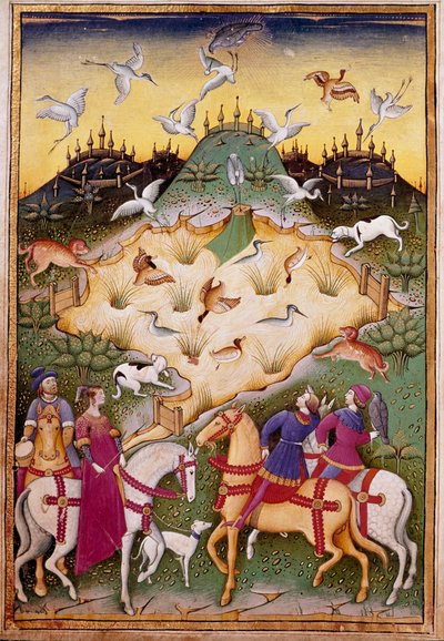 हॉक्स के साथ शिकार का दृश्य "" ड्यूक ऑफ स्फोर्ज़ा के आदर्श वाक्य और प्रतीक के साथ बाज़ और वेनेरी का इलाज करें" 1459 (एमएस। 1375) चान्तिली, मुसी कोंडे द्वारा अज्ञात कलाकार