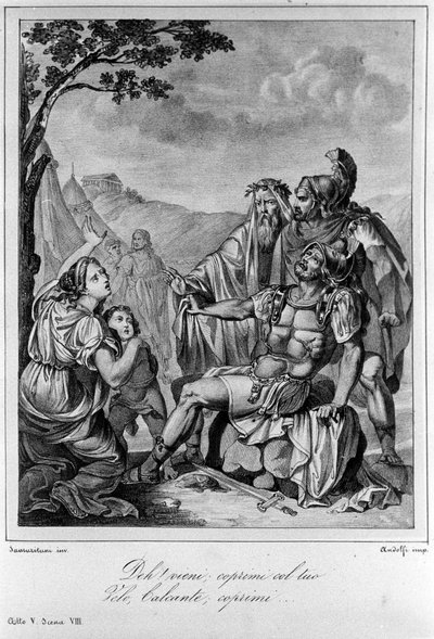 इतालवी कवि और नाटककार यूगो फोस्कोलो (1778-1827) 19वीं सदी द्वारा "" अजाक्स"" (आइएस) के अधिनियम V के दृश्य 8 के लिए चित्रण द्वारा अज्ञात कलाकार