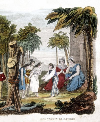 बर्नार्डिन डी सेंट पियरे (1737-1814) द्वारा "पॉल एंड वर्जिनी" का चित्रण। 19वीं सदी की नक्काशी। द्वारा अज्ञात कलाकार