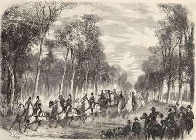 नेपोलियन III (1808-1873) और इम्पेराट्रिस यूजनी (1826-1920) की उपस्थिति में कॉम्पिएग्ने में शाही शिकार। 1857 से "ले मोंडे शानदार" में उत्कीर्णन। निजी संग्रह। द्वारा अज्ञात कलाकार