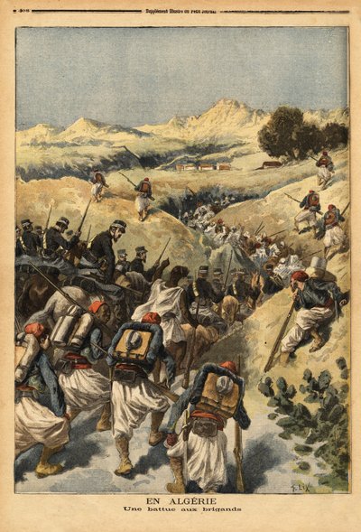 अल्जीरिया में, ज़ौवेस की एक पूरी बटालियन द्वारा आयोजित एक बटालियन, घुड़सवार सेना द्वारा प्रबलित, अरेस्की बेन बशीर को पकड़ने के लिए, अल्जीयर्स अदालत ने तीन बार मौत की सजा सुनाई। "" ले पेटिट जर्नल "" 23/12/1893 में उत्कीर्णन। सेल्वा का सं द्वारा अज्ञात कलाकार