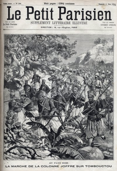 फ्रांसीसी उपनिवेशों में: जनरल जोसेफ जोफ्रे (1852-1931) के स्तंभ का मार्च और टिम्बकटू (माली) पर उनकी सेना की सेना। "" ले पेरिसियन "" में उत्कीर्णन द्वारा अज्ञात कलाकार