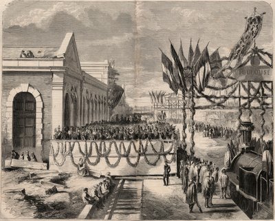 1857 में टूलूज़ से सेटे तक रेलवे का उद्घाटन। 1857 से "ले मोंडे शानदार" में उत्कीर्णन। निजी संग्रह। द्वारा अज्ञात कलाकार