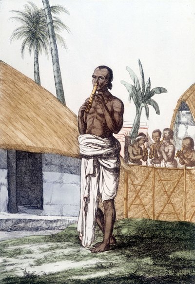 भारतीय संस्कृति और सभ्यता: बंसुरी बांसुरी बजाने वाला संगीतकार, पारंपरिक संगीत वाद्ययंत्र, भारत। उत्कीर्णन 1808। द्वारा अज्ञात कलाकार