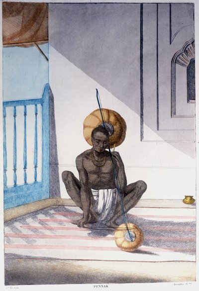 भारतीय संस्कृति, सभ्यता और समाज: पारंपरिक भारतीय वाद्य यंत्र के साथ संगीतकार। 1808 से उत्कीर्णन। द्वारा अज्ञात कलाकार