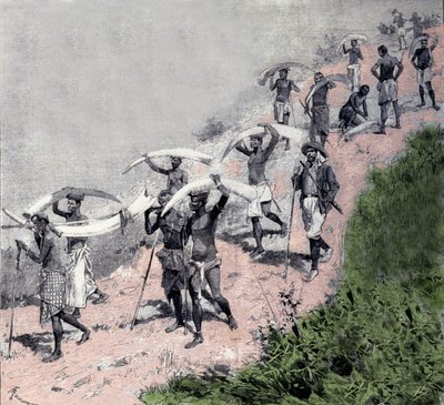 हाथी दांत का व्यापार: कांगो के वाहकों का कारवां हाथी की रक्षा करता है। 19वीं सदी की नक्काशी द्वारा अज्ञात कलाकार
