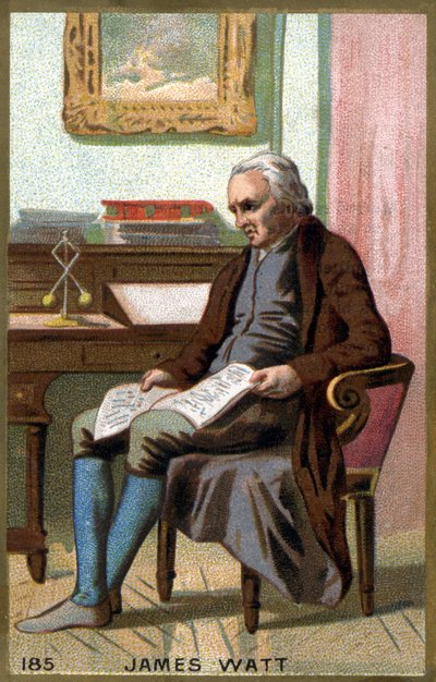 जेम्स वाट (1736 -1819) अपने कार्यालय में। 19वीं सदी की क्रोमोलिथोग्राफी। द्वारा अज्ञात कलाकार