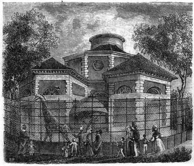 1861 में पेरिस में जार्डिन डेस प्लांट्स: हाथियों और जिराफों का रोटुंडा। द्वारा अज्ञात कलाकार