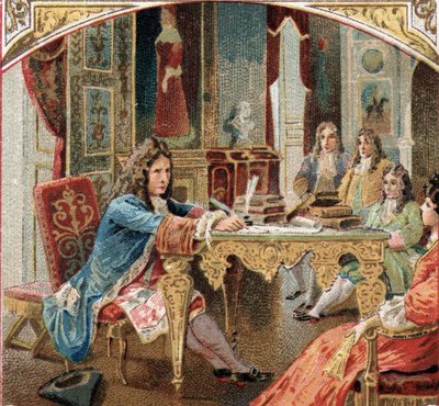 मेनटेनन कैसल में जीन रैसीन (1639-1699) घटक "एस्तेर" और "एथली"। 19वीं सदी के अंत की क्रोमोलिथोग्राफी द्वारा अज्ञात कलाकार