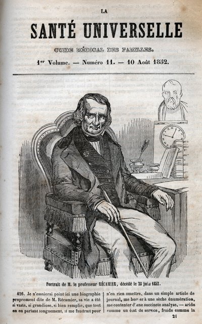 जोसेफ क्लॉड एंथेल्मे रिकैमियर (1774-1852), फ्रांसीसी सर्जन - "ला सैंटे यूनिवर्सेल - गाइड मेडिकल डेस फैमिल्स" में उत्कीर्णन "1852 द्वारा अज्ञात कलाकार