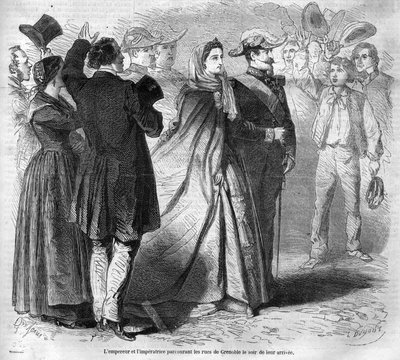 सम्राट नेपोलियन III (1808-1873) और उनकी पत्नी यूजिनी डी मोंटिजो (1826-1920) की यात्रा सेवॉय की गणना (मार्च ट्यूरिन संधि) की घोषणा के बाद डच ऑफ सेवॉय की यात्रा: यहां शाही जोड़ा ग्रेनोबल की सड़कों से चलता है . से उत्कीर्णन द्वारा अज्ञात कलाकार