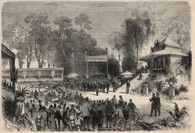 नेपोलियन III की यात्रा (1808-1883) और इंप्रेस यूजनी डी मोंटिजो (1826-1920) से रूएन तक: कृषि प्रतियोगिता में पुरस्कारों का वितरण। "" ल 'विश्वविद्यालय शानदार" में उत्कीर्णन द्वारा अज्ञात कलाकार