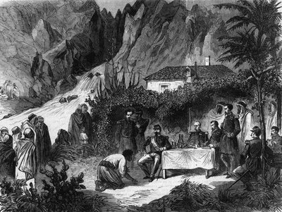 फ्रांस के सम्राट नेपोलियन III की अल्जीरिया की यात्रा। सितंबर 1860। बंदरों की खाड़ी में नेपोलियन III दोपहर का भोजन बरका प्राप्त करता है। 1865 से उत्कीर्णन। द्वारा अज्ञात कलाकार