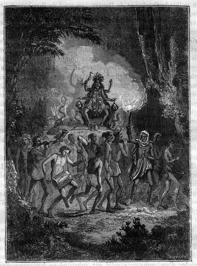 विक्टर जैकमोंट द्वारा भारत की यात्रा, 1828-1832 के वर्षों के दौरान देवी काली (विनाश की देवी) का जुलूस - "" उन्नीसवीं शताब्दी में महान यात्राओं के सुरम्य इतिहास "" में उत्कीर्ण। १८७७ द्वारा अज्ञात कलाकार