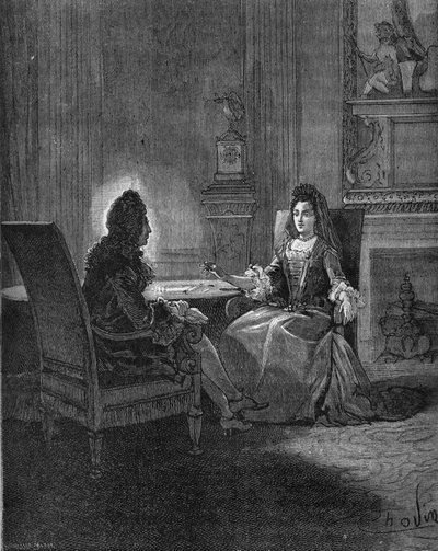 राजा लुई XIV (१६३८-१७१५) अपनी भावी पत्नी, मैडम डी मेनटेनन (फ्रैंकोइस डी औबिग्ने, मार्क्विस डी मेनटेनन) (१६३५-१७१६) के साथ बात कर रहे हैं। 19वीं सदी की नक्काशी। जूल्स मिशेले द्वारा "हिस्टॉयर डी फ्रांस" में द्वारा अज्ञात कलाकार