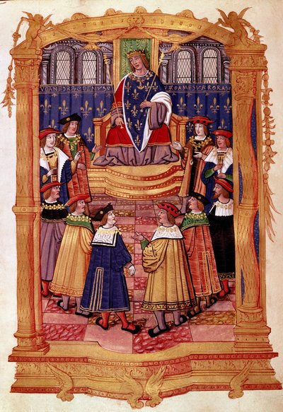 किंग लुई इलेवन (1423-1483) और द नाइट्स ऑफ द ऑर्डर ऑफ सेंट माइकल मिनिएचर पांडुलिपि "" स्टैचू ऑफ द ऑर्डर ऑफ सेंट माइकल"" से 15 वीं शताब्दी मिलान, बिब्लियोटेका ट्रिवुलजियाना द्वारा अज्ञात कलाकार