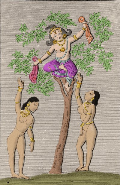 कृष्ण दो गोपियों के साथ उड़ रहे हैं। एलएम लैंगल्स, पेरिस 1821 द्वारा "हिंदुस्तान के प्राचीन और आधुनिक स्मारक" में उत्कीर्णन। द्वारा अज्ञात कलाकार