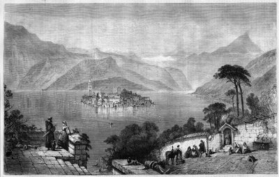 ओर्टा झील (कुसियो झील) (इटली के नोवारा प्रांत में सैन गिउलिओ (सेंट जूल्स) द्वीप के मध्य में। 1865 से उत्कीर्णन। द्वारा अज्ञात कलाकार