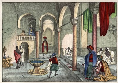 1830 के आसपास अल्जीयर्स में ले बैन मौरे (सार्वजनिक स्नान)। लियोन गैलिबर्ट द्वारा "प्राचीन और आधुनिक अल्जीरिया" में। १८४६ रंग में इतालवी संस्करण। द्वारा अज्ञात कलाकार