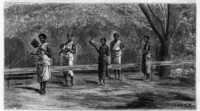 इंडीज में बुनाई: चेन थ्रेड्स की तैयारी (वारपिंग ऑपरेशन) 1883 की उत्कीर्णन। "ला नेचर" में। विज्ञान और कला और उद्योग के लिए उनके अनुप्रयोगों की समीक्षा। ” द्वारा अज्ञात कलाकार