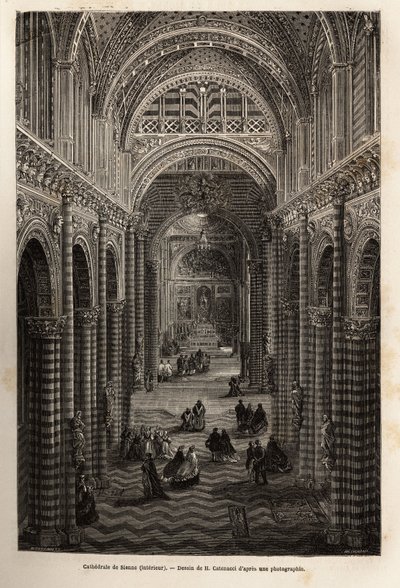 सिएना के गिरजाघर का आंतरिक भाग, 1865 में सिएना (इटली) के लिए एक यात्रा को चित्रित करने के लिए उत्कीर्णन, एडौर्ड चार्टन के निर्देशन में प्रकाशित "ले टूर डू मोंडे, नोव्यू जर्नल डेस वॉयेज" में द्वारा अज्ञात कलाकार