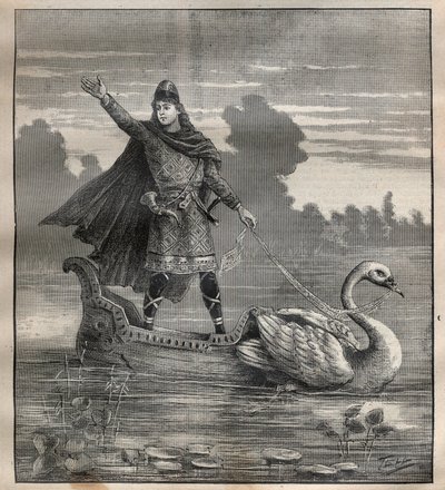 रिचर्ड वैगनर (1813-1883) द्वारा ओपेरा "लोहेंग्रिन" के एक हंस द्वारा खींचे गए नैकेल में लोहेनग्रिन - "ला साइंस फ़्रैंकाइज़" में उत्कीर्ण द्वारा अज्ञात कलाकार