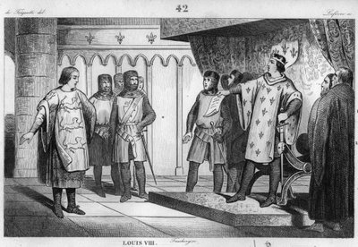 लुई VIII (1187-1226) शेर को इंग्लैंड के अपने दुश्मन हेनरी III (1207-72) से एक दूत प्राप्त होता है - लुई VIII dit "" ले लायन" (1187-1226), कैपेटियन राजवंश, गर्व और फ़र्मेट के साथ प्रतिक्रिया करता है इंग्लैंड के राजा हेनरी III का एक दूत- 1 का  द्वारा अज्ञात कलाकार