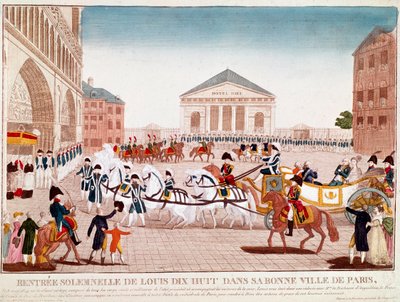 लुई XVIII नोट्रे डेम, पेरिस में पहुंचे, 3 मई 1814 (उत्कीर्णन) द्वारा अज्ञात कलाकार