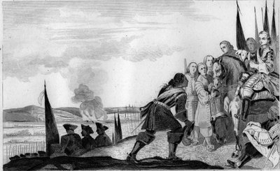1745 में फोंटेनोई की लड़ाई में लुई XV (1710-74) - ऑस्ट्रिया के उत्तराधिकार का युद्ध (1740-1748) - सैक्सोनी के मौरिस, सक्सोनी के मारेचल (1696-1750), फोंटेनॉय की लड़ाई में विजयी, फ्रांस के राजा से मिले , लुई XV (१७१०-१७७४) - १८२५ की उत्कीर्णन "हाय" द्वारा अज्ञात कलाकार