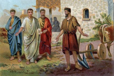 ल्यूसियस क्विंटियस सिनसिनाटस (v.520/v.430 ईसा पूर्व), रोमन कौंसल, कृषि कार्यों में लगे हुए थे, जब सीनेटर (रोमन साम्राज्य की सीनेट) उनसे सर्वोच्च आदेश स्वीकार करने और 458 ईसा पूर्व में रोम के तानाशाह बनने के लिए भीख मांगने आए थे। चारों ओर क्रोमोलिथोग्राफी द्वारा अज्ञात कलाकार
