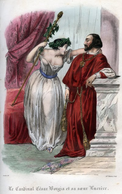 ल्यूक्रेस बोर्गिया (1480-1519) अपने भाई सीजर बोर्गिया के साथ। (लुक्रेज़िया और सेसारे बोर्गिया)। मौरिस लछात्रे द्वारा "हिस्टोइरे डेस पोप्स: क्राइम्स, मर्डर, पॉइज़निंग, पैरीसाइड्स, एडल्टर्स, अनाचार ..." में 1842 से उत्कीर्ण। निजि संग्रह। द्वारा अज्ञात कलाकार