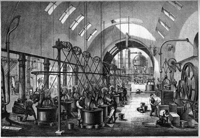 1864 में नैनटेस में मिस्टर सेडार्ड के स्वामित्व वाली लाउने की बड़ी चीनी रिफाइनरी की मुख्य कार्यशालाएँ। द्वारा अज्ञात कलाकार