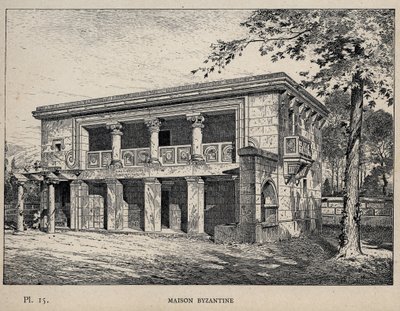 मैसन बीजान्टिन (बीजान्टिन हाउस) (1889 का उत्कीर्णन "1889 की सार्वभौमिक प्रदर्शनी में मानव निवास का इतिहास, श्री चार्ल्स गार्नियर द्वारा - लाइब्रेरी सेंट्रल डेस बीक्स-आर्ट्स पेरिस 1889 द्वारा अज्ञात कलाकार