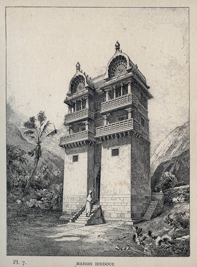 मैसन हिंदू (हिंदू हाउस) - मिस्टर चार्ल्स गार्नियर द्वारा "1889 की सार्वभौमिक प्रदर्शनी में मानव निवास का इतिहास" में 1889 का उत्कीर्णन - लाइब्रेरी सेंट्रेल डेस बीक्स-आर्ट्स पेरिस 1889 द्वारा अज्ञात कलाकार