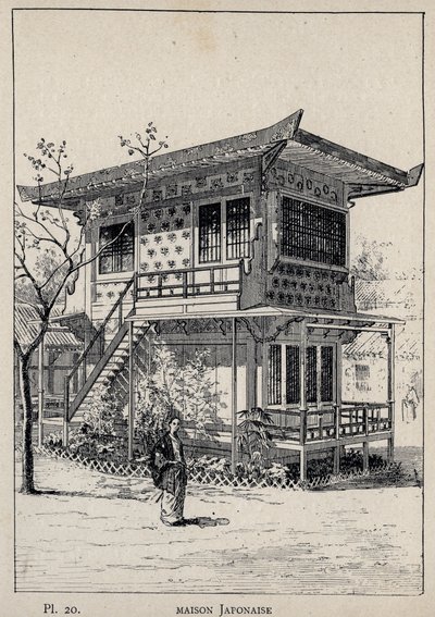 जापानी घर (जापानी घर) - मिस्टर चार्ल्स गार्नियर द्वारा "1889 की सार्वभौमिक प्रदर्शनी में मानव निवास का इतिहास" में 1889 का उत्कीर्णन - लाइब्रेरी सेंट्रेल डेस बीक्स-आर्ट्स पेरिस 1889 द्वारा अज्ञात कलाकार