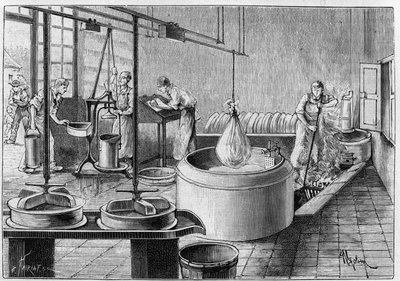 ग्रेयरे का निर्माण: एक आधुनिक पनीर का कारखाना। 19 सितंबर 1891 के "" प्रकृति: विज्ञान और कला और उद्योग के लिए उनके अनुप्रयोगों की समीक्षा "" में उत्कीर्णन। द्वारा अज्ञात कलाकार