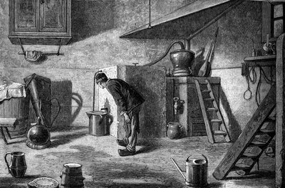किर्श का निर्माण: आसवन, अलसैस में इसेनबर्ग का महल। "" ले जर्नल डे ला जेनेसे "" में उत्कीर्णन द्वारा अज्ञात कलाकार