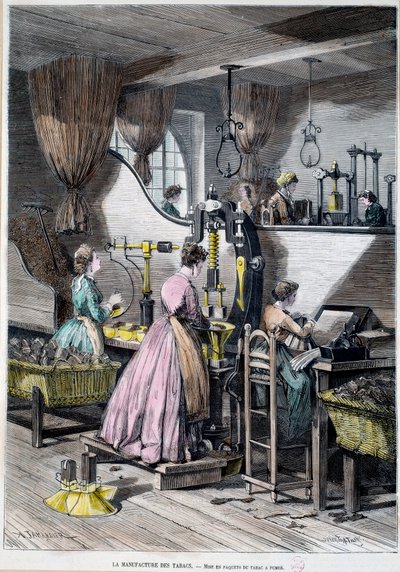 तंबाकू का निर्माण, धूम्रपान के लिए तंबाकू की पैकेजिंग। 1867 पेरिस का लिथोग्राफ, मुसी कार्नावलेटval द्वारा अज्ञात कलाकार