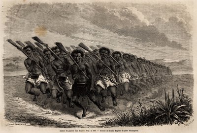 1858 से 1860 तक फर्डिनेंड डी होचस्टेटर की न्यूजीलैंड की यात्रा को चित्रित करने के लिए एमिल बेयार्ड (1837-1891) द्वारा चित्रित माओरी युद्ध नृत्य। एडौर्ड चार्टन द्वारा संपादित "" ले टूर डू मोंडे" में उत्कीर्णन द्वारा अज्ञात कलाकार