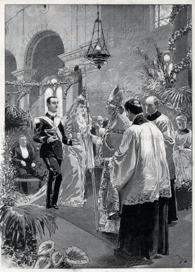 हेलेन (एलेना) डी'ऑरलियन्स (1871-1951) और इमानुएल फिलिबर्टो डी सावोइया एओस्टा (इमैनुएल-फिलिबर्ट डी सावोई (सावोई-ओस्टा) (इमैनुएल फिलिबर्ट डी सावोई एओस्टा) (1869-1931) (इमैनुएल फिलिबर्टो डी सावोइया-एमानुएल फिलिबर्टो डी सावोइया) के बीच विवाह ) 1895 में किं द्वारा अज्ञात कलाकार