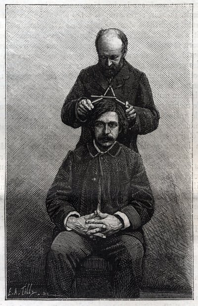 अल्फोंस बर्टिलन (1853-1914) के तरीकों के अनुसार पुलिस प्रान्त द्वारा सिर की अधिकतम चौड़ाई का मापन जिसे "बर्टिलोनेज" के रूप में जाना जाता है। "" ला नेचर "" में उत्कीर्णन द्वारा अज्ञात कलाकार